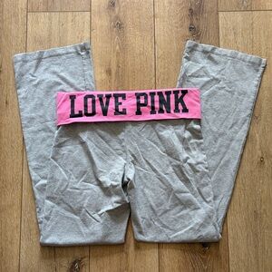 RARE Victoria's Secret Y2K Love Pink Logo Gray Yoga Pants VTG Foldover szM Flare